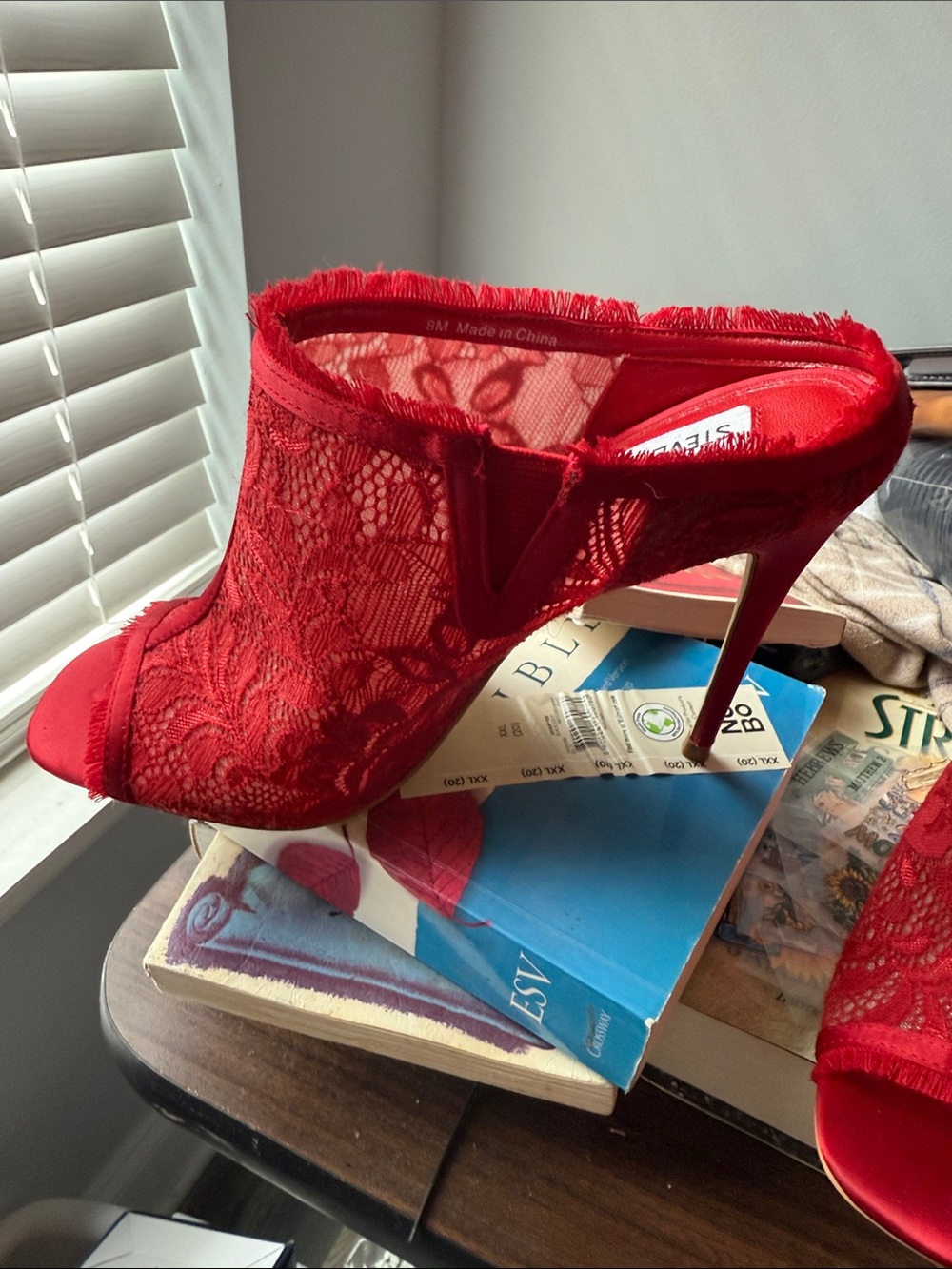 Steve Madden Red Lace Fringe Peep-Toe Mules with Stiletto Heel